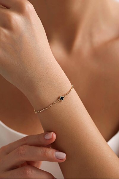 Bayar Gold 14 Ayar Altın Siyah Yonca Bileklik