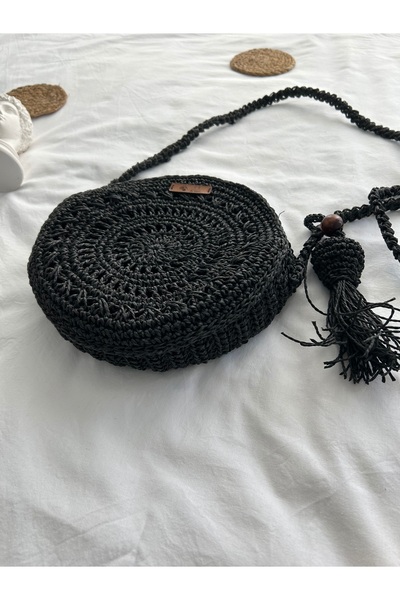G.G. Handmade ÖRGÜ ÇANTA KÂĞIT İP SİYAH yuvarlak çanta, püsküllü hasır çanta