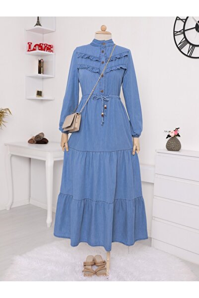 Modamorfo Džínové šaty s polovičním zapínáním na knoflíky a volánky na přední straně - tmavě modrá