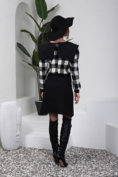 KÜÇÜĞÜM BUTİK Μαύρη μακρυμάνικη καρό μπλούζα με γιακά