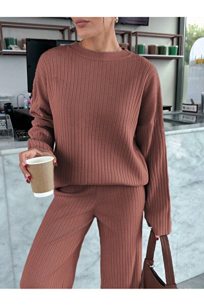 Basko fashion Gül Kurusu Triko Fitilli Alt Üst Takım