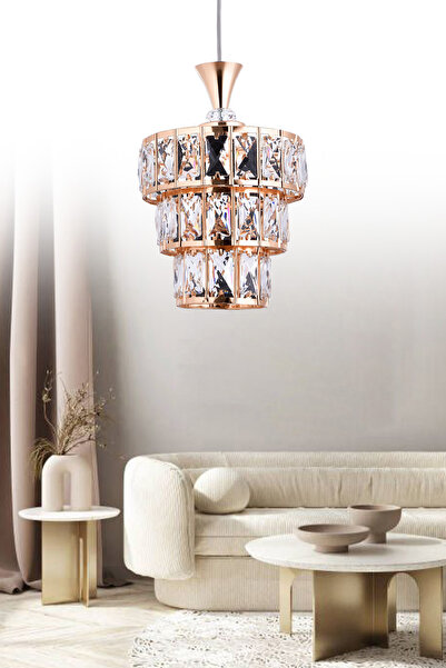 ŞL Şef Light 3 KATLI LÜKS GOLD KRİSTAL TAŞLI TEKLİ SALON-MUTFAK-ODA-HOL AVİZE