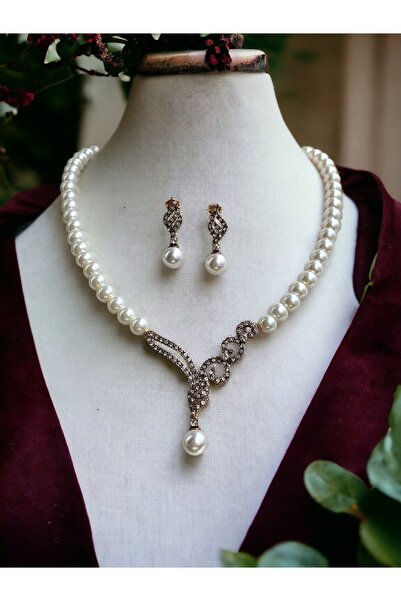 FAYRA ACCESSORIES Zirkon Taşlı Tek Sıra İnci Kolye ve İnci Küpe Seti