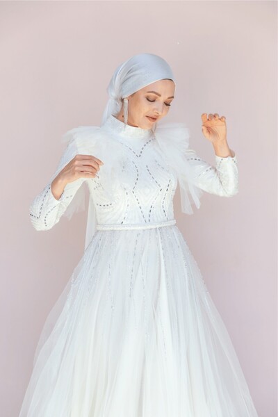 Hennin Rosette Tesettür Abiye - Beyaz