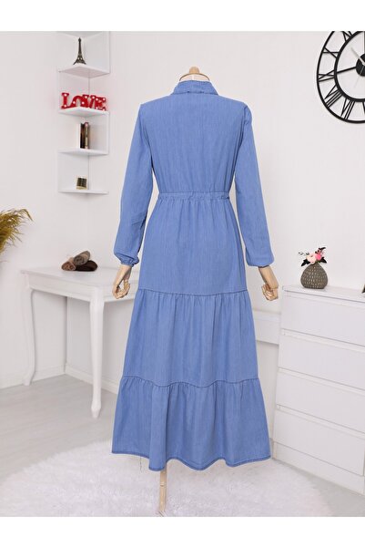 Modamorfo Džínové šaty s polovičním zapínáním na knoflíky a volánky na přední straně - tmavě modrá