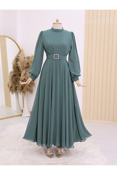 Modamorfo Rochie Hijab cu centură și pliată în față - mentă
