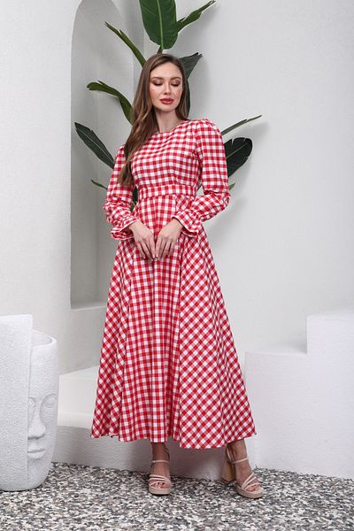 KÜÇÜĞÜM BUTİK Hijab Red Gingham Flared Dress