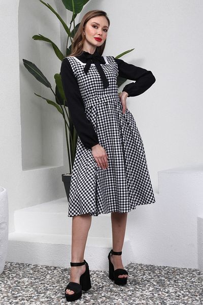 KÜÇÜĞÜM BUTİK Μαύρο φόρεμα Gingham με τετράγωνο λαιμό και μαύρη μπλούζα (DRESS-BLUZ)