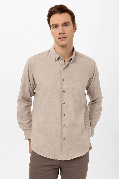 SÜVARİ Ανδρικό χειμερινό πουκάμισο Süvari Loose Fit Beige Plain Flannel με τσέπες