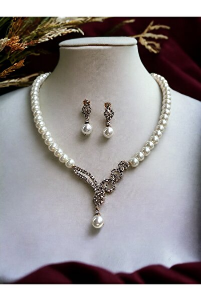 FAYRA ACCESSORIES Zirkon Taşlı Tek Sıra İnci Kolye ve İnci Küpe Seti