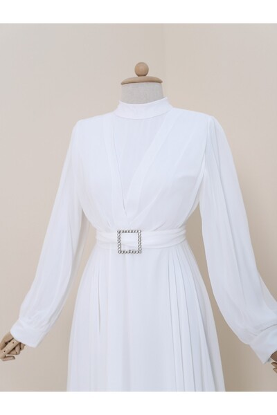 Modamorfo Φόρεμα Πλισέ Μπροστινό Πέτρινο Ζώνη - Λευκό