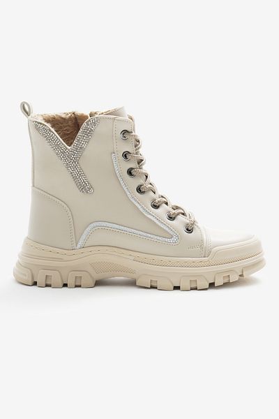 Tonny Black Γυναικείες μπότες Thermo Sole με μοτίβο σε μπεζ δέρμα με κορδόνια και φερμουάρ