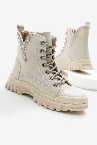 Tonny Black Γυναικείες μπότες Thermo Sole με μοτίβο σε μπεζ δέρμα με κορδόνια και φερμουάρ