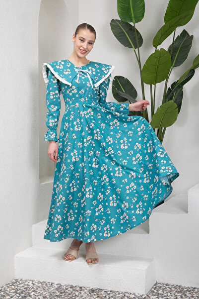 KÜÇÜĞÜM BUTİK Hijab Spring Branch Petrol Blue Φόρεμα με λαιμόκοψη (ΦΟΡΕΜΑ-ΓΚΑΛΟ)
