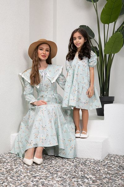 KÜÇÜĞÜM BUTİK Hijab Spring Branch Water Green Mobile Collar Flared Mother Daughter Συνδυασμός (ΜΟΝΟ ΠΩΛΕΙΤΑΙ)