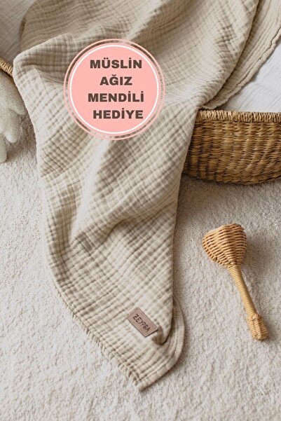 ZEYPBA Kenar Dikişli Bej Müslin %100 Pamuk Müslin Örtü 4 Katlı Müslin Battaniye 100x100cm