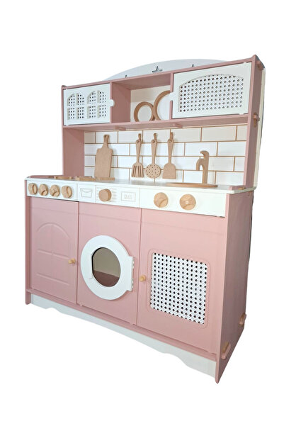 hedefixtoys Rattan Şıklığında Elizya Ahşap Oyuncak Mutfak 9 Parça Servis Setli