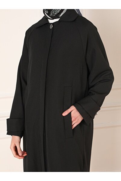 Refka Black Fleto Pocketed Shirt Collar Overcoat - Refka