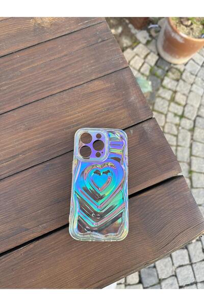 Butik İphone 13 pro max kalpli şeffaf hologramlı kabartmalı telefon kılıfı