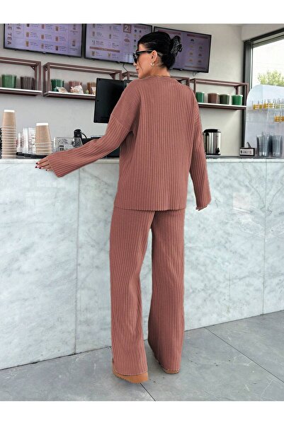 Basko fashion Gül Kurusu Triko Fitilli Alt Üst Takım