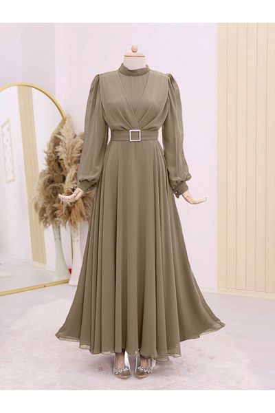 Modamorfo Ζώνη Rhinestone Μπροστινό Πλισέ Hijab Φόρεμα - Ανοιχτό Καφέ