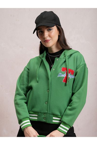 Tokyo Talkies By Styli Embroidered Hooded Varsity Jacket