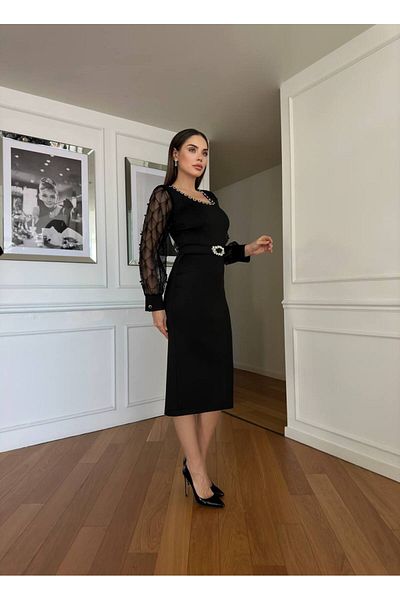 asyadabutik Women's Imported Scuba Fabric Sleeve Beading Embroidered Belt Detailed Lined Special Design Dress