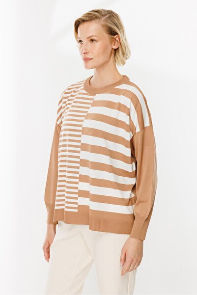 accort Çizgi Desenli Kazak-CAMEL