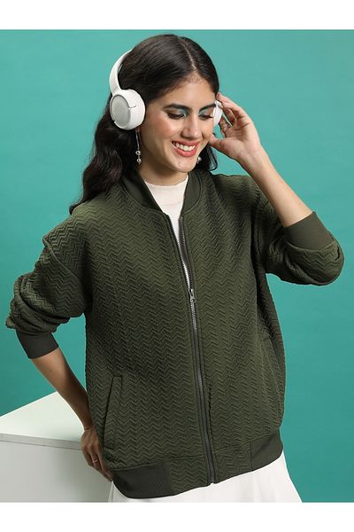 Tokyo Talkies By Styli Zipper Front Textured Bomber Jacket