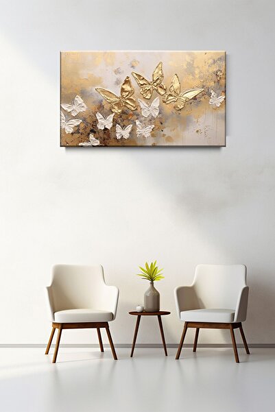 Lona Sanat Yağlı Boya Görünümlü Kelebekler Kanvas Tablo Salon Oturma Yatak Od...