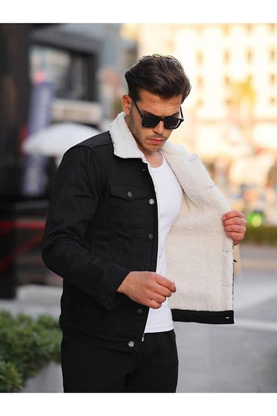 Pobudo Black Fur Lined Men's Denim Coat