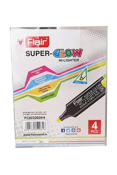 Flair Super Glow Mixed Hi-Lighter set of 4 piece Yellow,Pink,Green,Orange