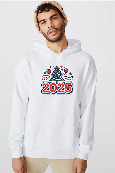 Tshirthane Happy New Year 2025 Essential Λευκό ανδρικό φούτερ με κουκούλα 3 ip