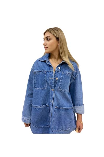 Dilvin Cămașă oversize albastră 5316 - Cu patru buzunare