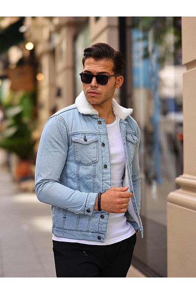 Pobudo Men's Coat - Light Blue with Fur Inside