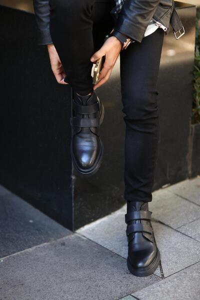 Serhat Özköroğlu - Μαύρες δερμάτινες ανδρικές μπότες με Velcro