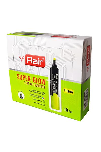 Flair Super Glow Chisel Tip Text Hi-lighters set of 10 ,yellow