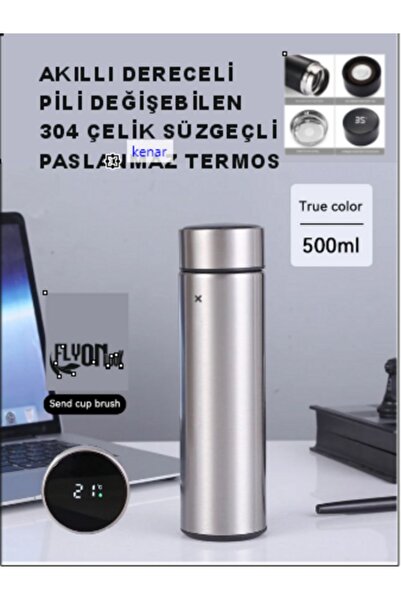 FLYONLOOK Derece Göstergeli  Çelik  Termos Pili Değişebilen Kamp,Araç,Ofis Sü...