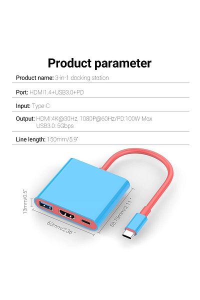 Choice موزع ألعاب USB-C 3 في 1 محمول باللون الأزرق والأحمر مزود بمنفذ HDMI بدقة 4K وUSB3.0 (5 جيجابايت في الثانية) وPD 100 وات