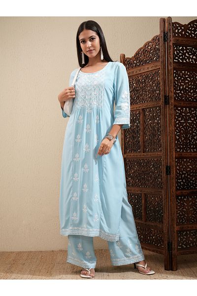 Vishudh By Styli Floral Embroidered Thread Work Straight Kurta & Palazzos Set