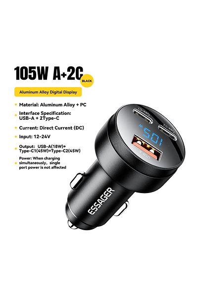 Choice شاحن سيارة Essager USB بقوة 105 وات، شحن سريع 4.0، QC4.0، QC3.0، SCP PPS PD، USB Type C، Fast C، أسود