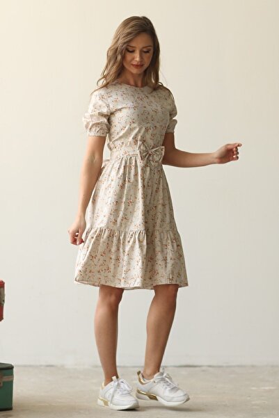 KÜÇÜĞÜM BUTİK Κρεμ δάπεδο Μικρό φλοράλ φόρεμα ποπλίνα