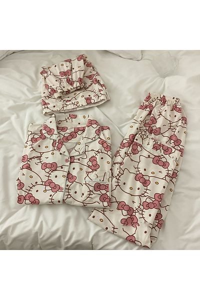 Choice M 3pcs Sanrio Long Pajamas Hello Kitty Kawaii Short Sleeved Loose Sleepwear Pajamas Sets Short Cloth
