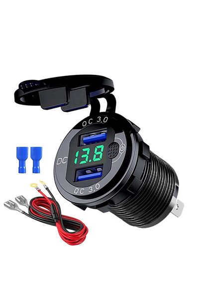 Choice شاحن سيارة سريع بضوء أخضر أسود من الألومنيوم Qc3.0 بمنفذ USB مزدوج مع زر تبديل وجهد LED