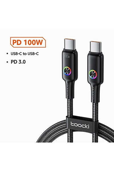 Choice كابل Toocki Pd 100 وات من النوع C إلى النوع C أسود بطول 1.2 متر، سلك شحن سريع 5 أمبير من Led Indiactor USB C إلى USB C