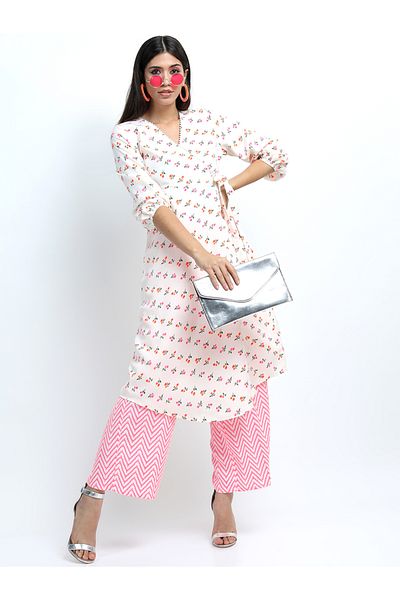 Vishudh By Styli Pack of 3 - Floral Print Wrap Kurta, Palazzos & Dupatta