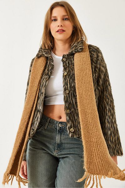 Bianco Lucci Women's Polo Neck Leopard Print Raster Stamp Jacket Dc 241019