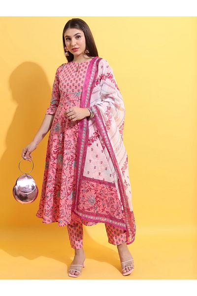 Ketch By Styli Pack of 3 - Floral Print Anarkali Kurta, Trousers & Dupatta