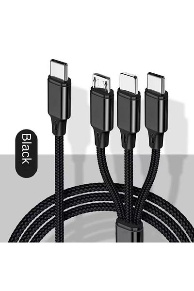 Choice كابل شحن 3 في 1 من النوع C بطول 1.2 متر باللون الأسود، كابل شحن سريع لثلاث مركبات في دقيقة واحدة