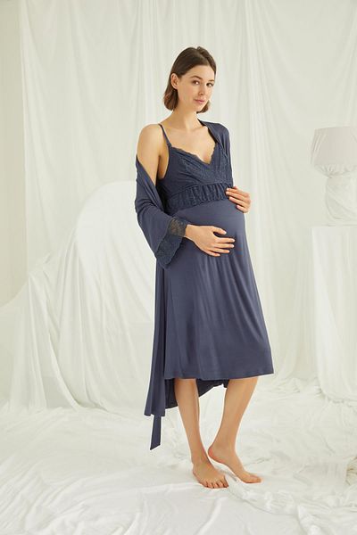 MONAMİSE Navy Blue Breastfeeding Strap Maternity Maternity Nightgown Dressing Gown Set